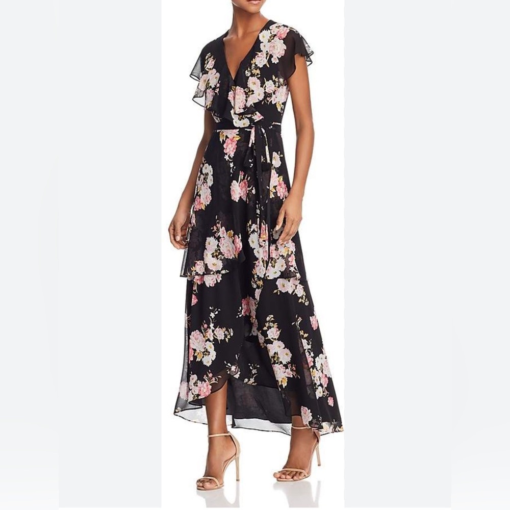 WAYF | Pink and Black Polermo Floral Print Maxi Wrap Dress | Size XS